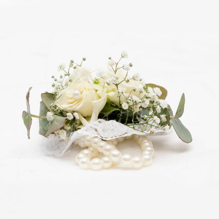 Pearl Wristlet with White Rose and Baby’s-breath