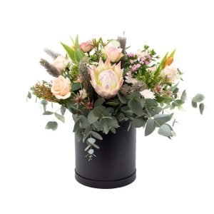 Protea Arrangement in Black Hatbox
