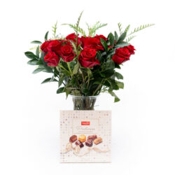 Vase of Red Roses and Chocolate